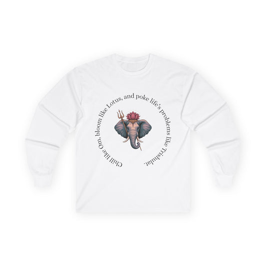 Graphic Long Sleeve Tee - Hanuman, Om, Lotus, Playful and Symbolic Design