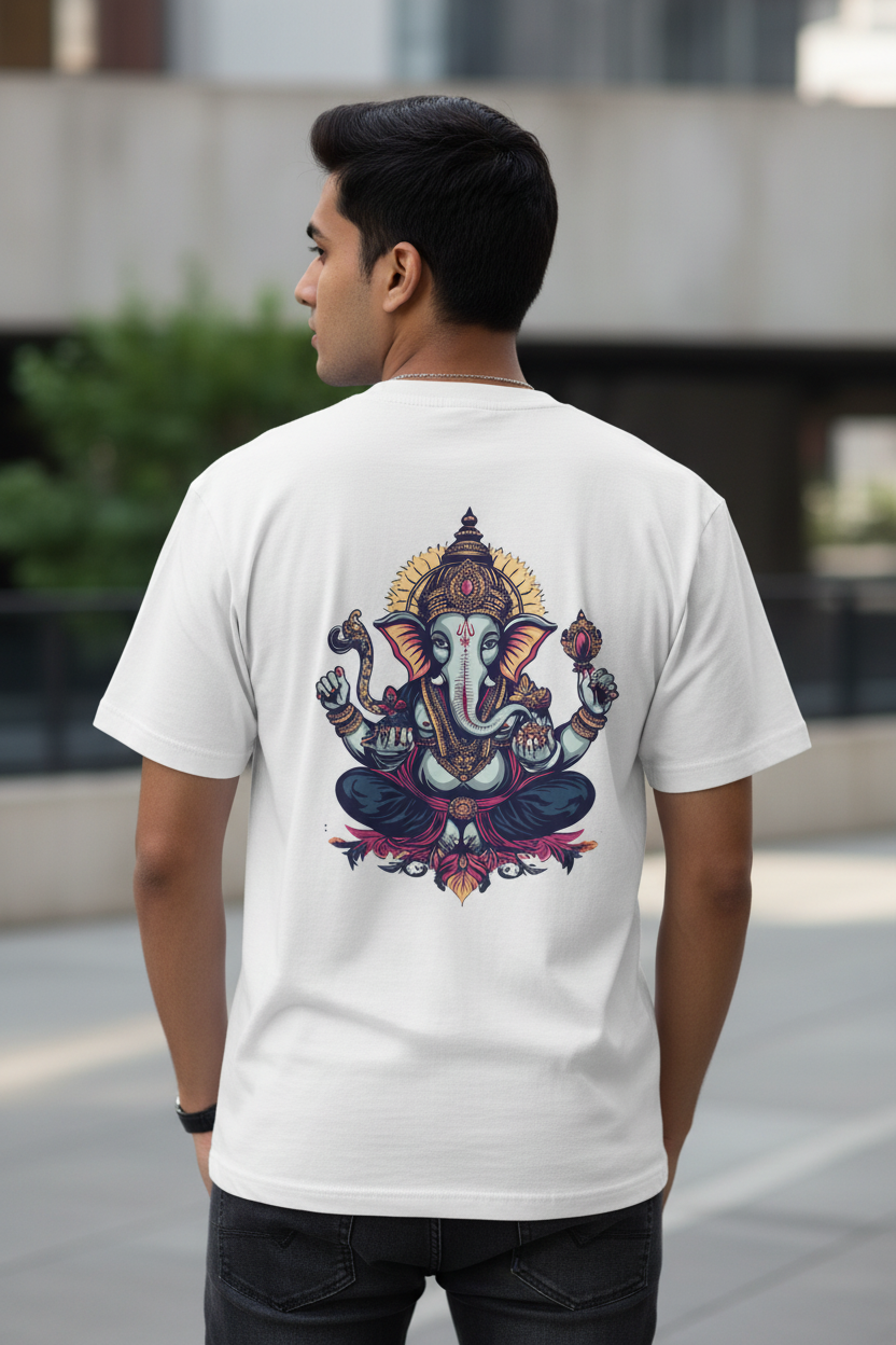 Hindu and Proud T-Shirt featuring a colorful Ganesh graphic on the back, highlighting modern Hindu streetwear style.