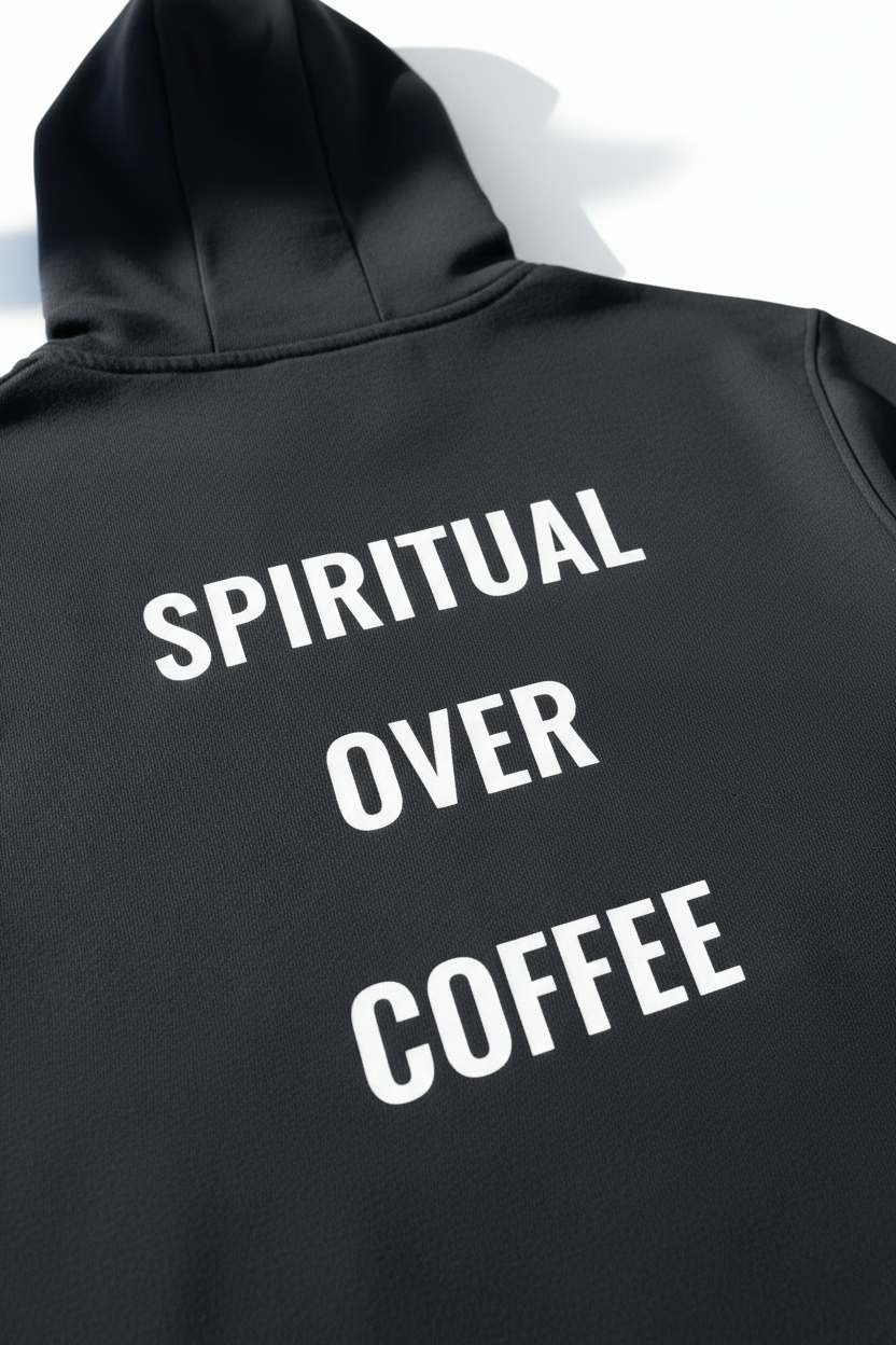 Back view of the Spiritual Over Coffee High Neck Hoodie showcasing the bold text design.