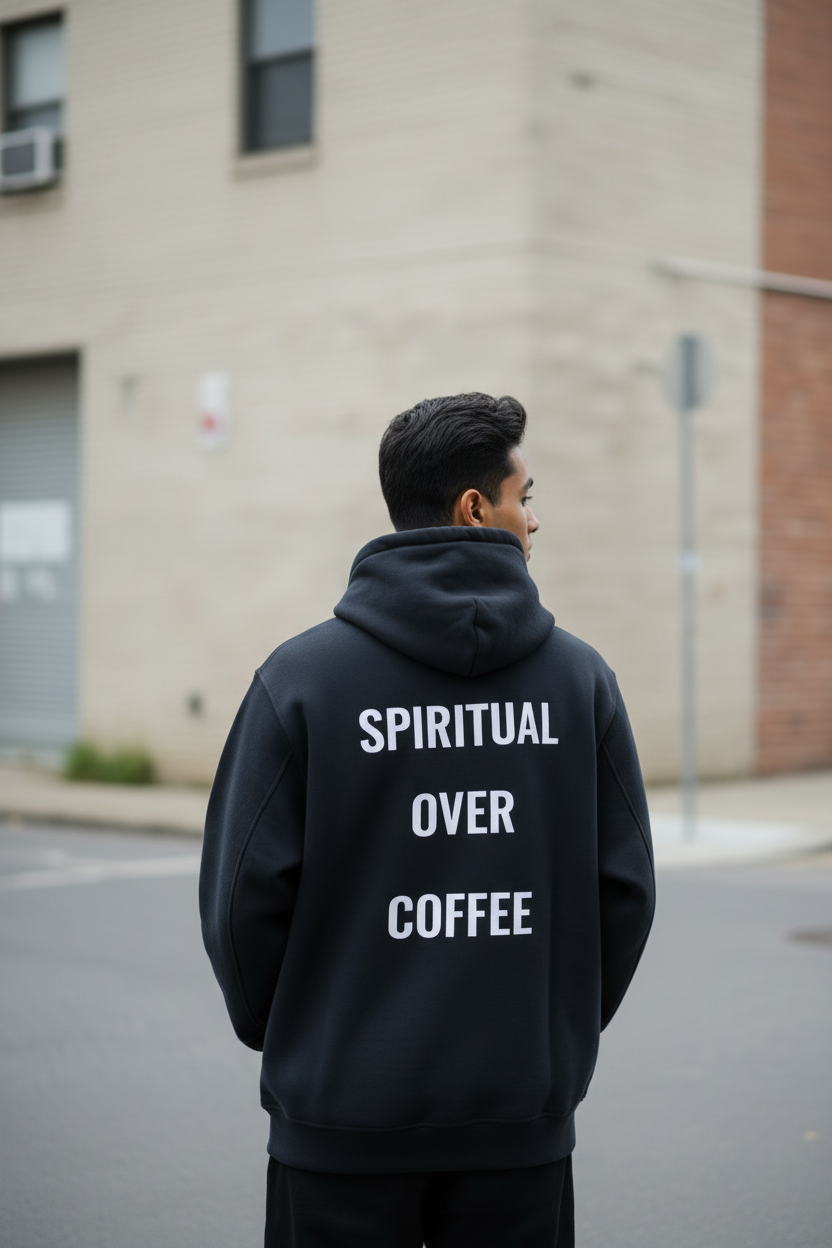Person wearing a black Spiritual Over Coffee High Neck Hoodie with the phrase 'SPIRITUAL OVER COFFEE' displayed on the back.