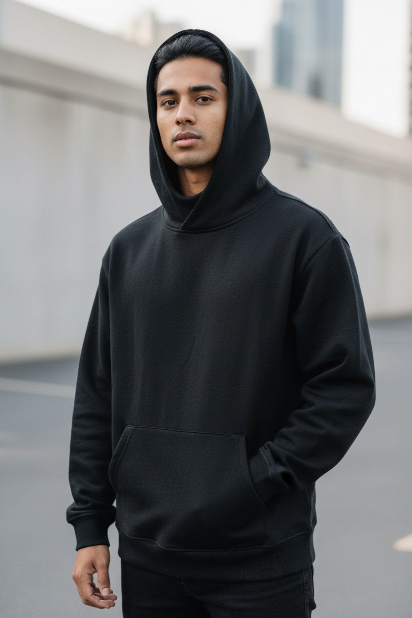 Spiritual Over Coffee High Neck Hoodie worn by a model in a minimalist urban setting.