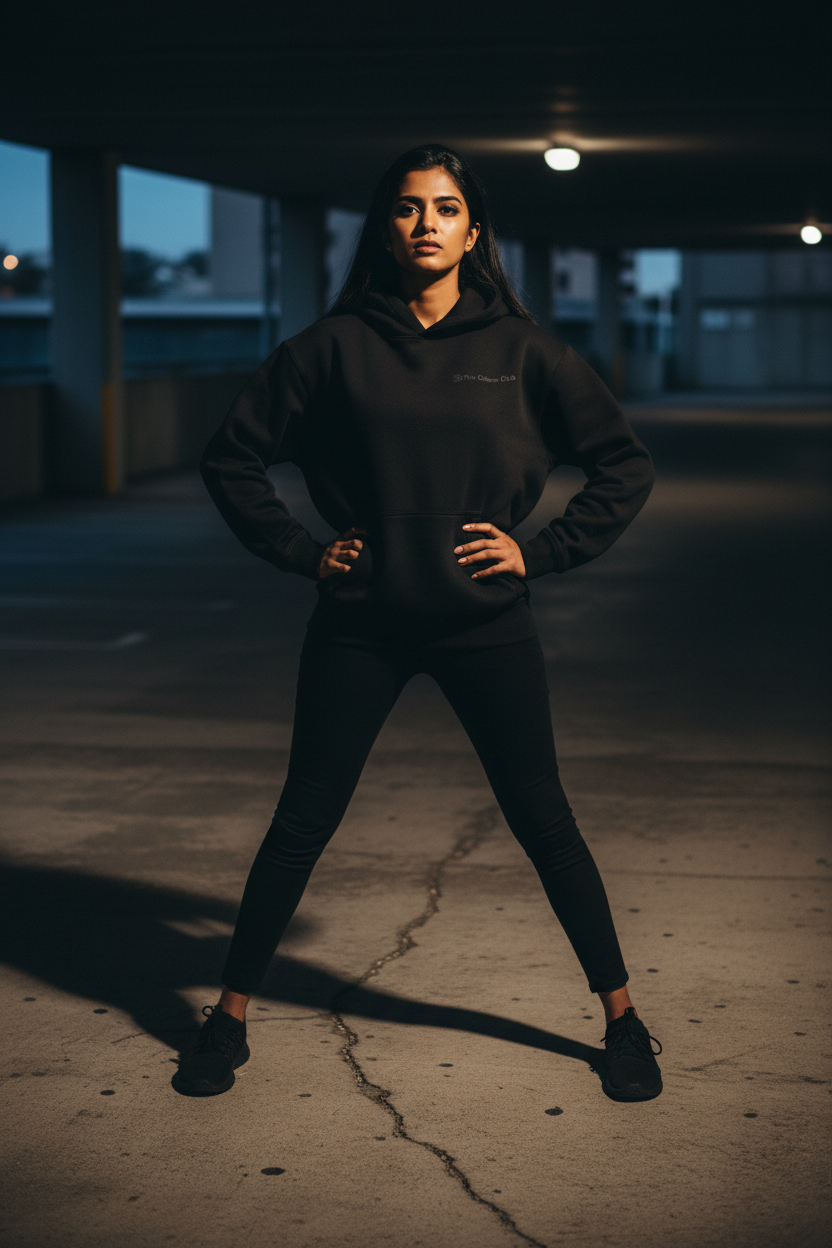 Hanuman Hoodie worn by a confident woman, showcasing strength and style in a dark urban setting.