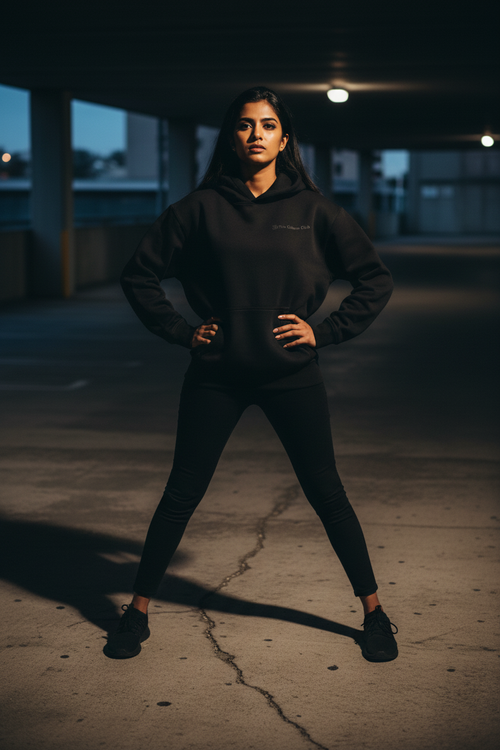 Hanuman Hoodie worn by a confident woman, showcasing strength and style in a dark urban setting.