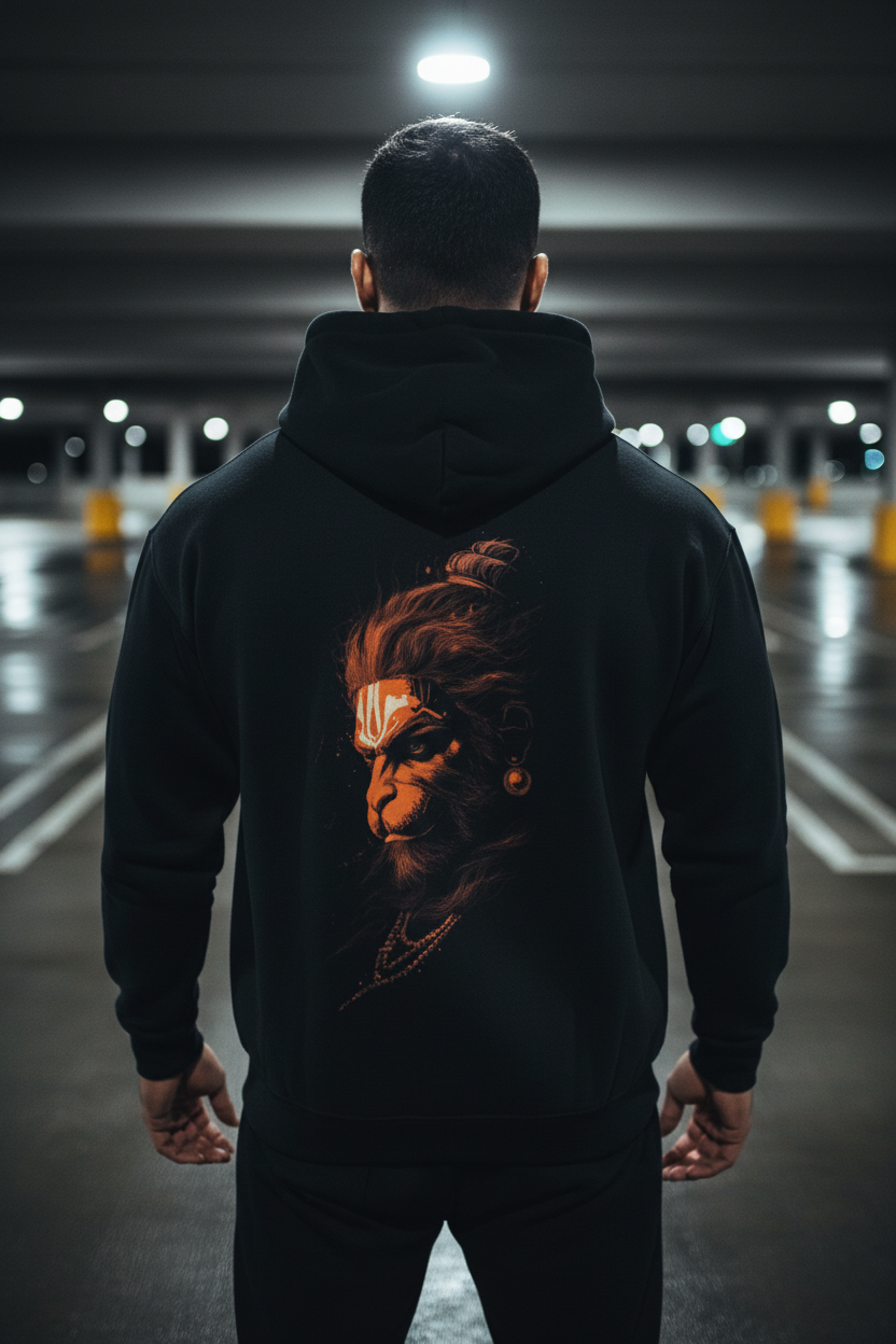 Man wearing Hanuman Hoodie showcasing the artistic design of Hanuman's face in a modern urban setting.