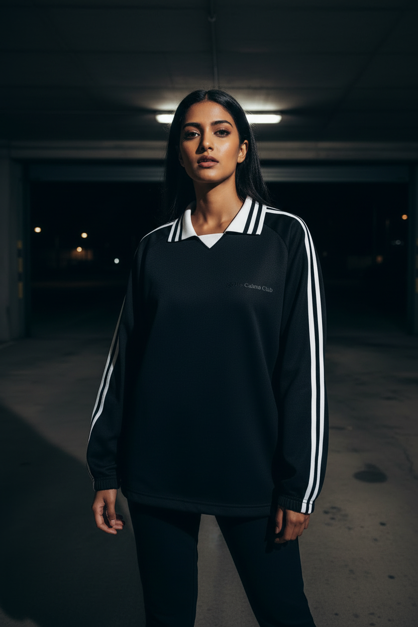 Divine Trio Hoodie model wearing a black sports style top with white stripes in an urban setting, showcasing sporty streetwear.