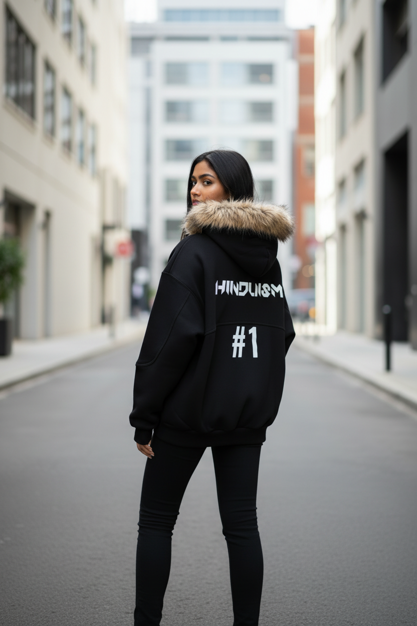 Hindu No 1 Detachable Fur Hoodie worn by a model in an urban setting, showcasing premium streetwear style.