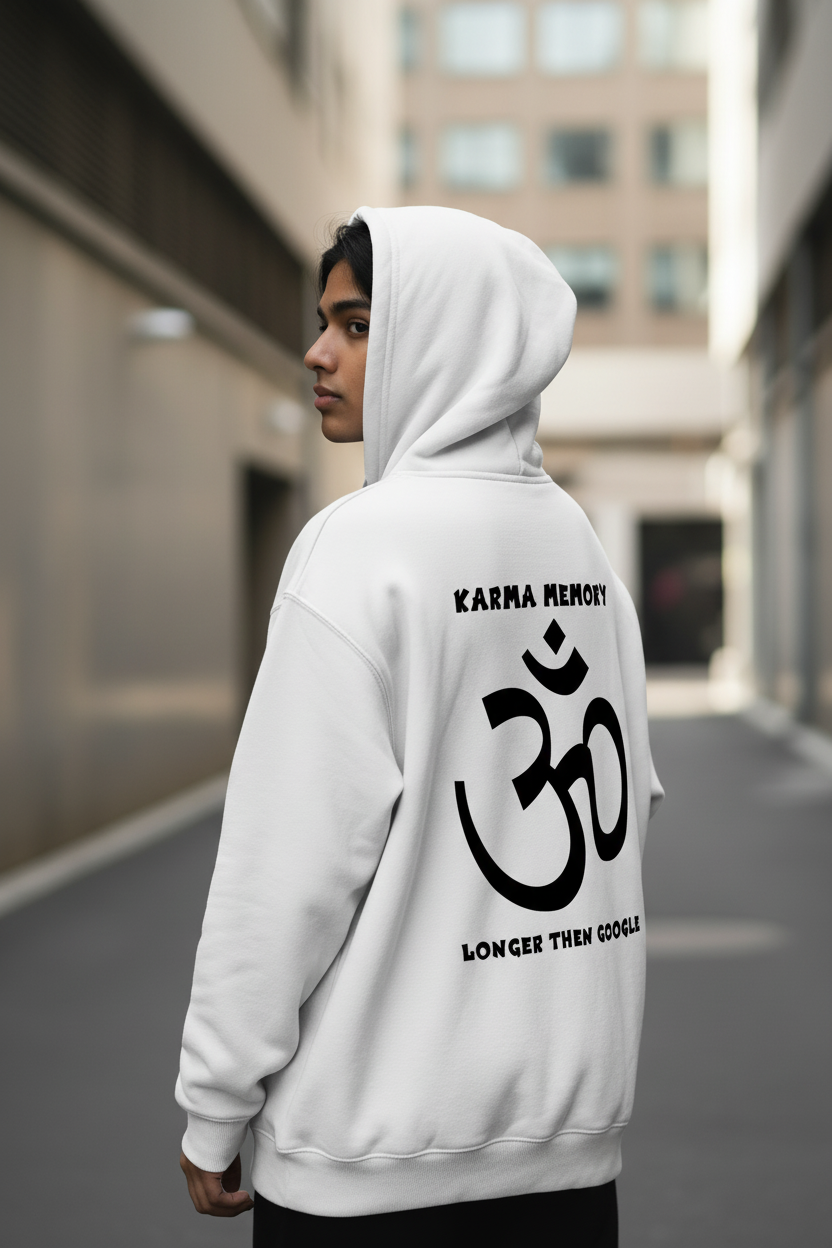 Karma Memory Oversized Fleeced Hoodie worn by a model in an urban setting with karma symbol and witty message.